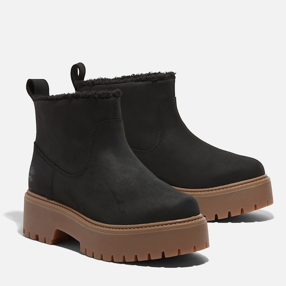 NWOB Timberland Stone Street Mid Faux Fur Black Nubuck Ankle Boots Size 10 - Picture 1 of 10